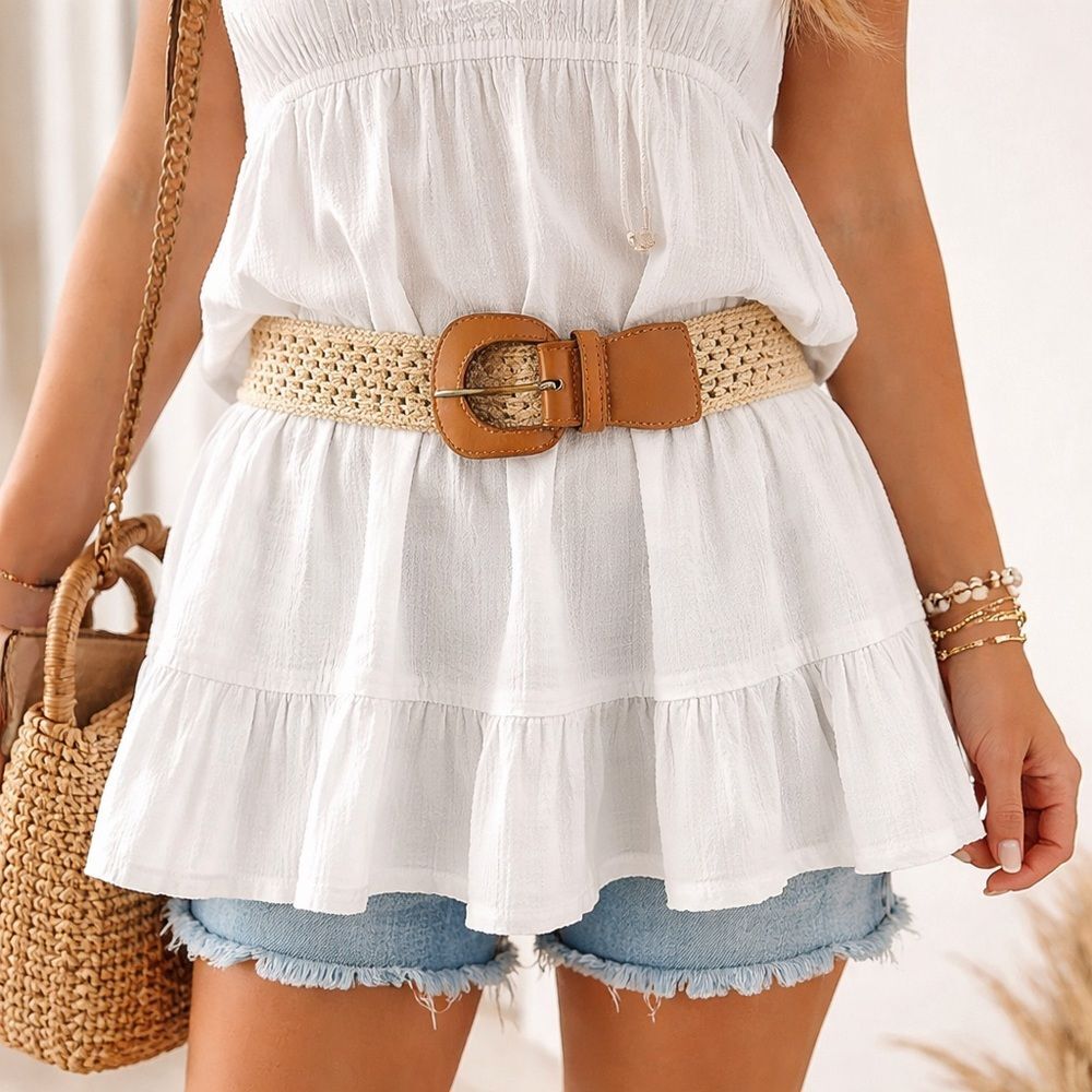 Womens Boho Woven Stretch Waist Belt Cream Tan Western Buckle 36”